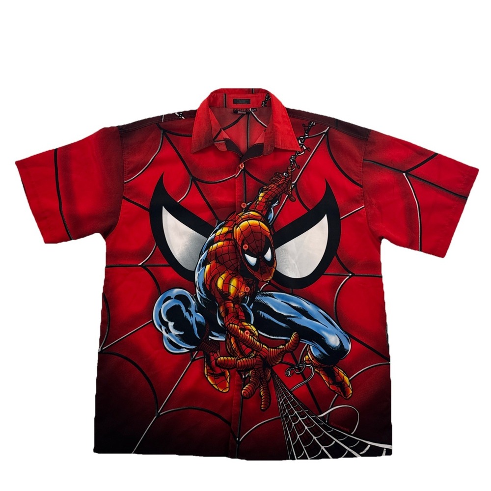Marvel Comics 2002 Spiderman Print Button Up Short sleeve Shirt Red Black XL VTG